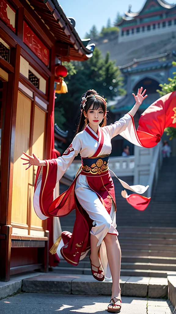 An ancient Chinese painting scroll，In the picture，The girl Chang&#39;e in gorgeous Hanfu，Charming，Curved eyebrows，slender eyes，Flying to the sky in Dunhuang style，Lightweight，The clothes are fluttering，like a dance in the air。She moves vigorously and gracefully，Complementing the ancient murals，During parkour，She makes some difficult moves from time to time，like rolling、jump、Taxi etc.，Elegant and agile posture，Combined with traditional Chinese cultural elements，Demonstrates the wisdom and strength of the Chinese nation，The whole picture is rich in color，with magnificence、Antique as the main tone。The bright colors of the murals in the Blue Rock Grottoes，Express youth and vitality；The girl Chang&#39;e&#39;s Hanfu is made of traditional Chinese red.、Bright yellow and other bright colors，Strong contrast with the background，Make the picture more vivid。The spectacular Dunhuang Grottoes in the background，Colors are warm，Showing the thickness and traces of time。In the picture心，A winding grotto corridor leads into the distance，The murals on both sides are lifelike，It's like telling an old story。There are also elements of traditional Chinese culture in the picture，Chinese dragon，Dragon culture，kite、paper lanterns、Chinese knot，national current，anime illustration，Featuring a playful character design style，Ultra high definition animation CG，3D rendering，Beautiful two-dimensional，Spring Festival poster，ultra HD16k
