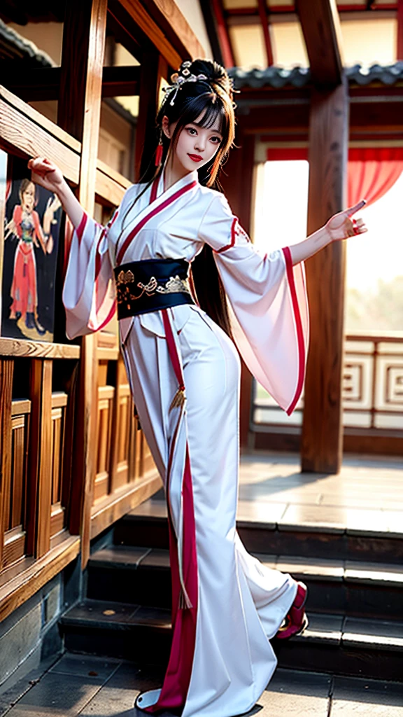 An ancient Chinese painting scroll,In the picture,The girl Chang'e in gorgeous Hanfu,Charming,Curved eyebrows,slender eyes,Flying to the sky in Dunhuang style,Lightweight,The clothes are fluttering,like a dance in the air。She moves vigorously and gracefully,Complementing the ancient murals,During parkour,She makes some difficult moves from time to time,like rolling、jump、Taxi etc.,Elegant and agile posture,Combined with traditional Chinese cultural elements,Demonstrates the wisdom and strength of the Chinese nation,The whole picture is rich in color,with magnificence、Antique as the main tone。The bright colors of the murals in the Blue Rock Grottoes,Express youth and vitality;The girl Chang'e's Hanfu is made of traditional Chinese red.、Bright yellow and other bright colors,Strong contrast with the background,Make the picture more vivid。The spectacular Dunhuang Grottoes in the background,Colors are warm,Showing the thickness and traces of time。In the picture心,A winding grotto corridor leads into the distance,The murals on both sides are lifelike,It's like telling an old story。There are also elements of traditional Chinese culture in the picture,Chinese dragon,Dragon culture,kite、paper lanterns、Chinese knot,national current,anime illustration,Featuring a playful character design style,Ultra high definition animation CG,3D rendering,Beautiful two-dimensional,Spring Festival poster,ultra HD16k