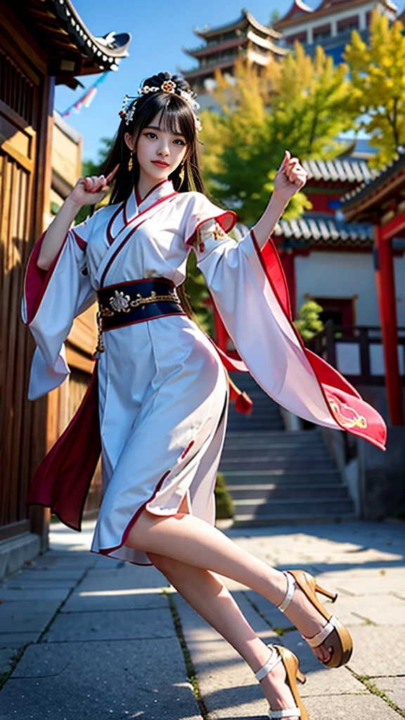 An ancient Chinese painting scroll,In the picture,The girl Chang'e in gorgeous Hanfu,Charming,Curved eyebrows,slender eyes,Flying to the sky in Dunhuang style,Lightweight,The clothes are fluttering,like a dance in the air。She moves vigorously and gracefully,Complementing the ancient murals,During parkour,She makes some difficult moves from time to time,like rolling、jump、Taxi etc.,Elegant and agile posture,Combined with traditional Chinese cultural elements,Demonstrates the wisdom and strength of the Chinese nation,The whole picture is rich in color,with magnificence、Antique as the main tone。The bright colors of the murals in the Blue Rock Grottoes,Express youth and vitality;The girl Chang'e's Hanfu is made of traditional Chinese red.、Bright yellow and other bright colors,Strong contrast with the background,Make the picture more vivid。The spectacular Dunhuang Grottoes in the background,Colors are warm,Showing the thickness and traces of time。In the picture心,A winding grotto corridor leads into the distance,The murals on both sides are lifelike,It's like telling an old story。There are also elements of traditional Chinese culture in the picture,Chinese dragon,Dragon culture,kite、paper lanterns、Chinese knot,national current,anime illustration,Featuring a playful character design style,Ultra high definition animation CG,3D rendering,Beautiful two-dimensional,Spring Festival poster,ultra HD16k