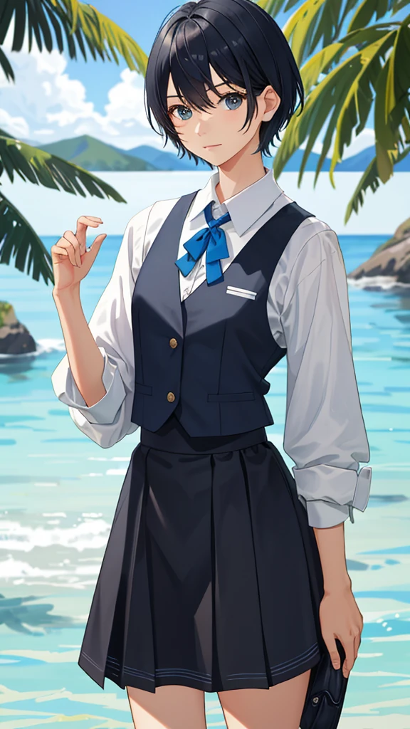 Kai Kokoai, Exactly like Kai Kokoai, STU48 Single Favorite Person Costume, Short Hair, Black Hair, One Girl, 18 Years Old, Vest, Photo, Realistic, Best Quality, Adopted, Detailed Face, Strong Sunlight, Sea, Embankment, Detailed Background, Diffuse Sunlight, Depth of Field, Bokeh (Best Quality: 1.2), (Masterpiece: 1.2), Watch Viewer, Blue Theme, Beige Theme, Black Hair,