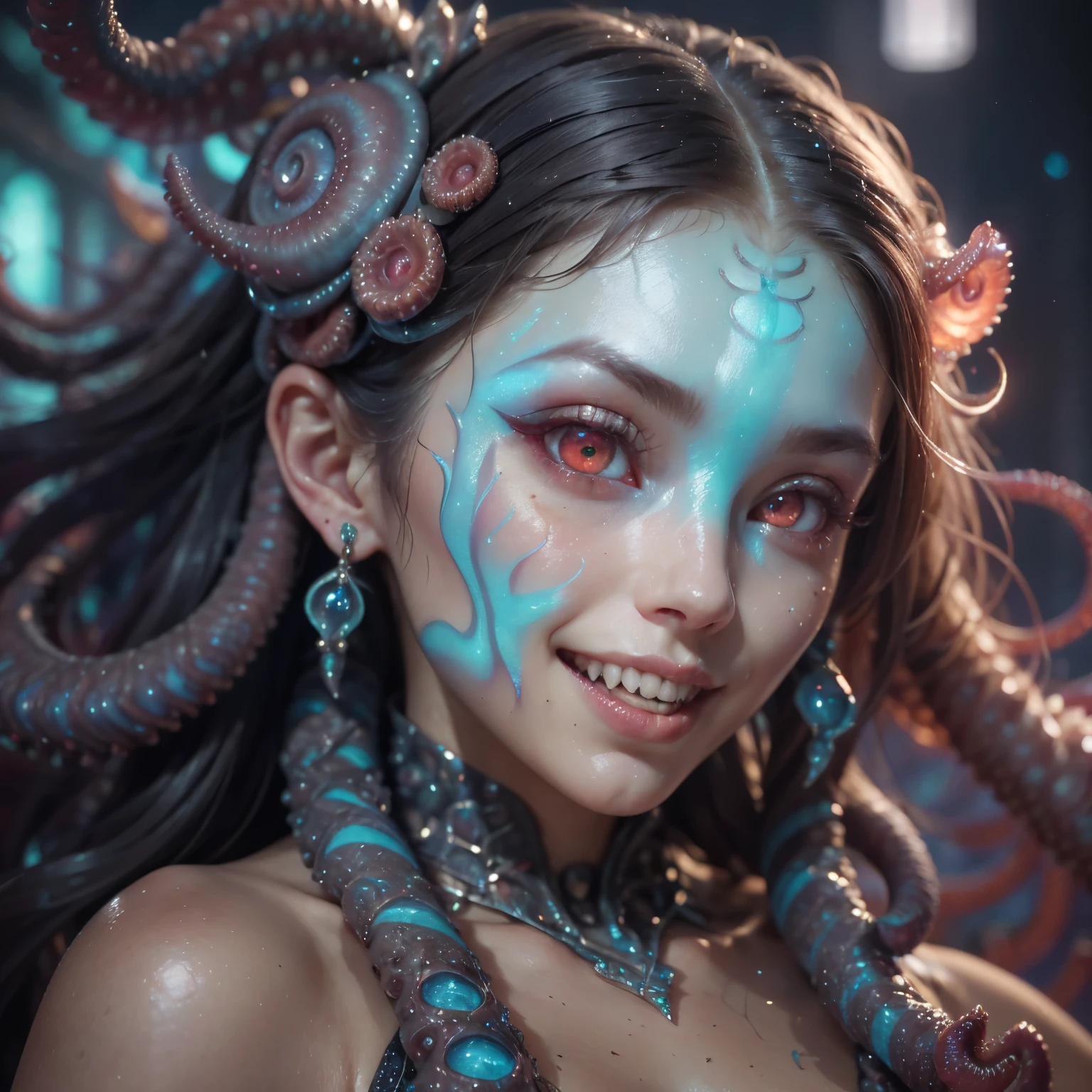 best quality, masterpiece, ultra high resolution, (photos realistic:1.7), scary and sexy detailed art in color, Portrait, (beautiful and obscene female alien:1.4), (vulgarity1.7), (she has red eyes with no pupils:1.8), (She has translucent pale skin:1.7), (There is a female genital-like organ in the middle of the forehead:1.95), (She has the most beautiful face in the history of the universe:1.2), (She has multiple bioluminescent organs on the side of her tentacles:1.4), (Her body is covered with an iridescent exoskeleton:1.3), (She is showingh her arm pits:1.4), an evil gaze that seduces, (large mouth:1.1), (sharp teeth like a vampire:1.2), Full body portrait, (bio luminescent:1.5), (Smile wickedly:1.3), (sexypose:1.5), alien, No humans, cells are fused, (There are lots of translucent tentacles from her head:1.3) extraterrestrial, cell, bio image, best quality, 8K,In 4K_quality, High freshness, Dramatic Lighting, cinematic quality, detail up, (exquisite details:1.2), High freshness, drawing faithfully, (Thick eyebrows:1.2), Beautiful eyes with fine symmetry,(Highly detailed face and eyes:1.2),(Super detailed skin quality feeling:1.4), perfect anatomy, (Beautiful toned body:1.5), (Moist skin:1.2), not wearing makeup, (dark circles:1.1), long canines, cinematic drawing of characters, cinematic quality, detail up, (exquisite details:1.2), high resolution, High freshness, drawing faithfully, official art, Unity 8K Wall paper, ultra detailed artistic photography, midnight aura, unreal engine 5, Ultra Sharp Focus, art by Amano Yoshitaka, ArtGerm, Roisch, intricate artwork,ultra realistic realism, dream-like, nautilus, Creation of fantasy, dream Snail, (biopunk nautilus:1.3),Thrilling color schemes, seductively smiling, Blue tentacles, Amazing mutation, well-proportioned body, goddess of the deep sea, fractal, Geometric pattern, impossible figures,(asymmetry:1.4), (white tentacles with blue stripes:1.4), subtle emerald green accents, (expression of ecstasy:1.6)