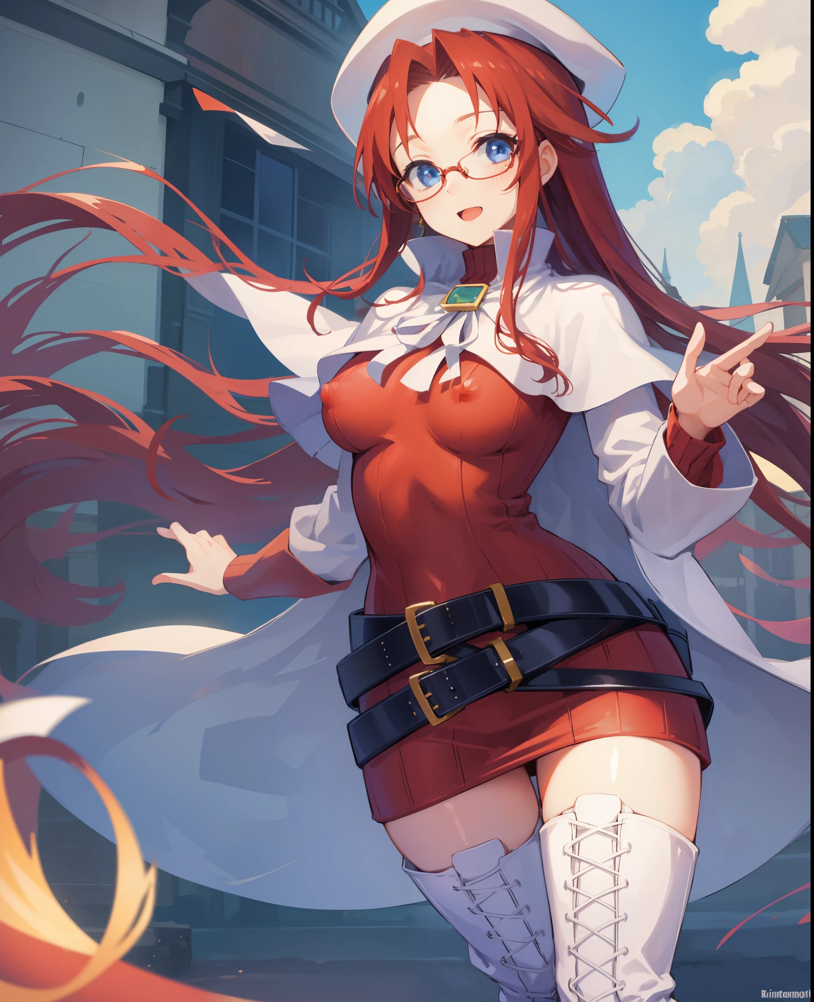 summonnightaty, aty, long hair, blue eyes, red hair, beret, hat, glasses,
BREAK long hair, thighhighs, hat, dress, boots, glasses, belt, cape, sweater, zettai ryouiki, beret, thigh boots, white footwear, ribbed sweater, loose belt,solo,
BREAK outdoors, fantasy_town,
BREAK (masterpiece:1.2), best quality, high resolution, unity 8k wallpaper, (illustration:0.8), (beautiful detailed eyes:1.6), extremely detailed face, perfect lighting, extremely detailed CG, (perfect hands, perfect anatomy),(covered_nipples:1.3),covered_navel,light_smile,dynamic_posing ,walking,(half_eyes:1.2),light_open_mouth,sword,armpit