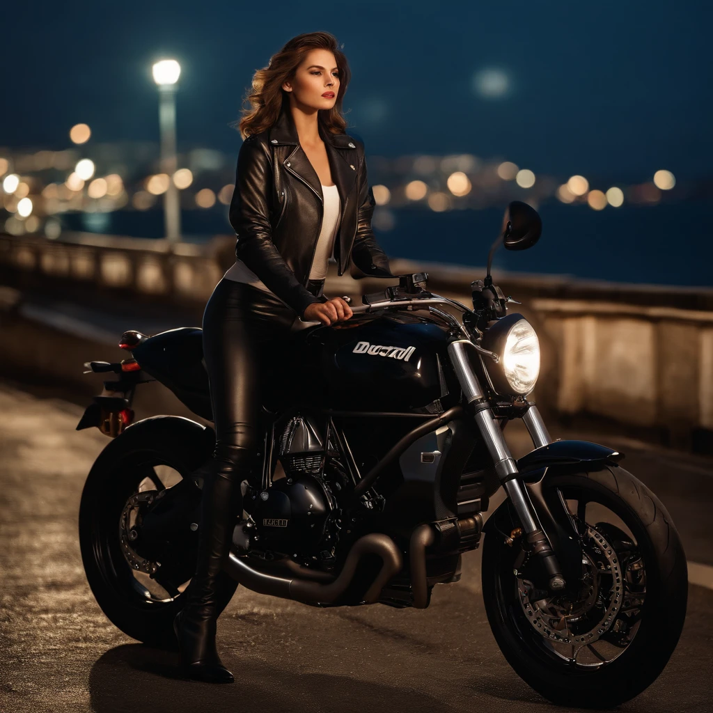 full body shot, a Cute young woman in Japan, Ride an old traditional shiny metallic ducati motorcycle, glamorous shape, shoulder length shiny smooth light brown hair, Wearing a leather black riding jacket, Leather Black Riding Gloves, Leather Black Pants, Leather Black High Heel Long Boots, staring at night view over the sea, absolutely pretty face, Double eyelids, Natural makeup, long eyelashes, Glossy lips, 8K resolution, high details, black eyes, elegent, epicd, Cinematic lighting, Octane Rendering, Vibrant, Hyper realistic, Fair skin, Perfect limbs, Perfect Anatomy