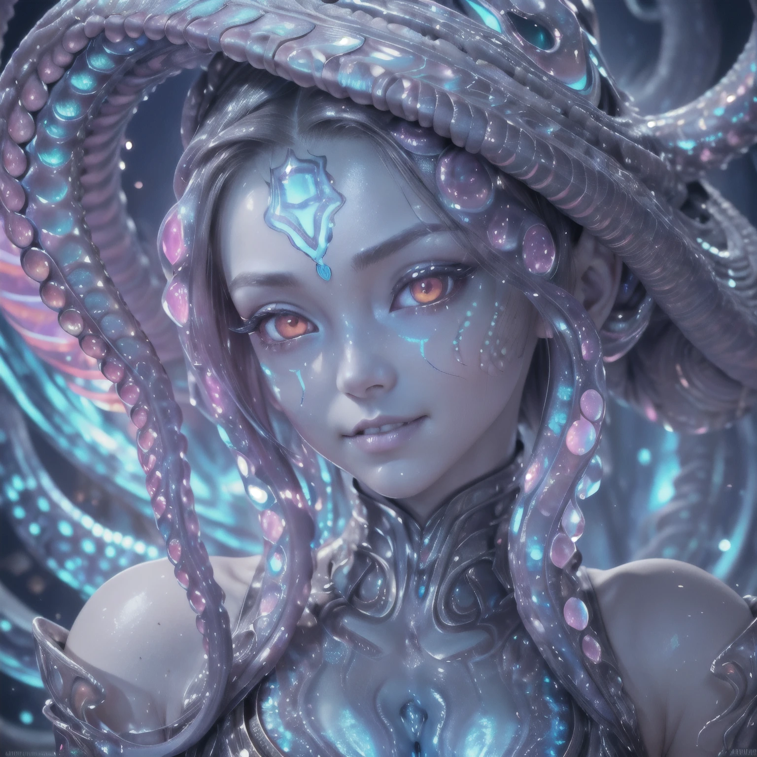 best quality, masterpiece, ultra high resolution, (photos realistic:1.7), scary and sexy detailed art in color, Portrait, (beautiful and obscene female alien:1.4), (vulgarity1.7), (she has red eyes with no pupils:1.8), (She has translucent pale skin:1.7), (There is a female genital-like organ in the middle of the forehead:1.95), (She has the most beautiful face in the history of the universe:1.2), (She has multiple bioluminescent organs on the side of her tentacles:1.4), (Her body is covered with an iridescent exoskeleton:1.3), (She is showingh her arm pits:1.4), an evil gaze that seduces, (large mouth:1.1), (sharp teeth like a vampire:1.2), Full body portrait, (bio luminescent:1.5), (Smile wickedly:1.3), (sexypose:1.5), alien, No humans, cells are fused, (There are lots of translucent tentacles from her head:1.3) extraterrestrial, cell, bio image, best quality, 8K,In 4K_quality, High freshness, Dramatic Lighting, cinematic quality, detail up, (exquisite details:1.2), High freshness, drawing faithfully, (Thick eyebrows:1.2), Beautiful eyes with fine symmetry,(Highly detailed face and eyes:1.2),(Super detailed skin quality feeling:1.4), perfect anatomy, (Beautiful toned body:1.5), (Moist skin:1.2), not wearing makeup, (dark circles:1.1), long canines, cinematic drawing of characters, cinematic quality, detail up, (exquisite details:1.2), high resolution, High freshness, drawing faithfully, official art, Unity 8K Wall paper, ultra detailed artistic photography, midnight aura, unreal engine 5, Ultra Sharp Focus, art by Amano Yoshitaka, ArtGerm, Roisch, intricate artwork,ultra realistic realism, dream-like, nautilus, Creation of fantasy, dream Snail, (biopunk nautilus:1.3),Thrilling color schemes, seductively smiling, Blue tentacles, Amazing mutation, well-proportioned body, goddess of the deep sea, fractal, Geometric pattern, impossible figures,(asymmetry:1.4), (white tentacles with blue stripes:1.4), subtle emerald green accents, (expression of ecstasy:1.6)