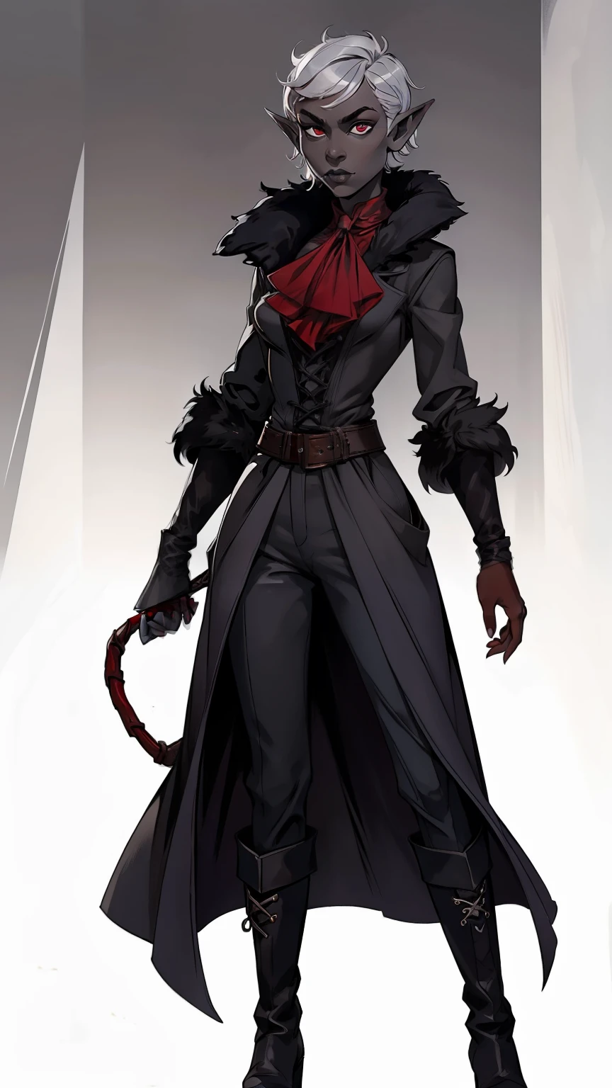 full body portrait, 1girl, short combed hair, pixie cut, silver hair, combed hair, forehead, drow, dark gray skin, fur coat, red high-collared shirt, ascot, high collar, solo, blank background, white background, outside, gothic fantasy art, long pointy ears, high laced boots, bullwhip, wide hips, flat-chested