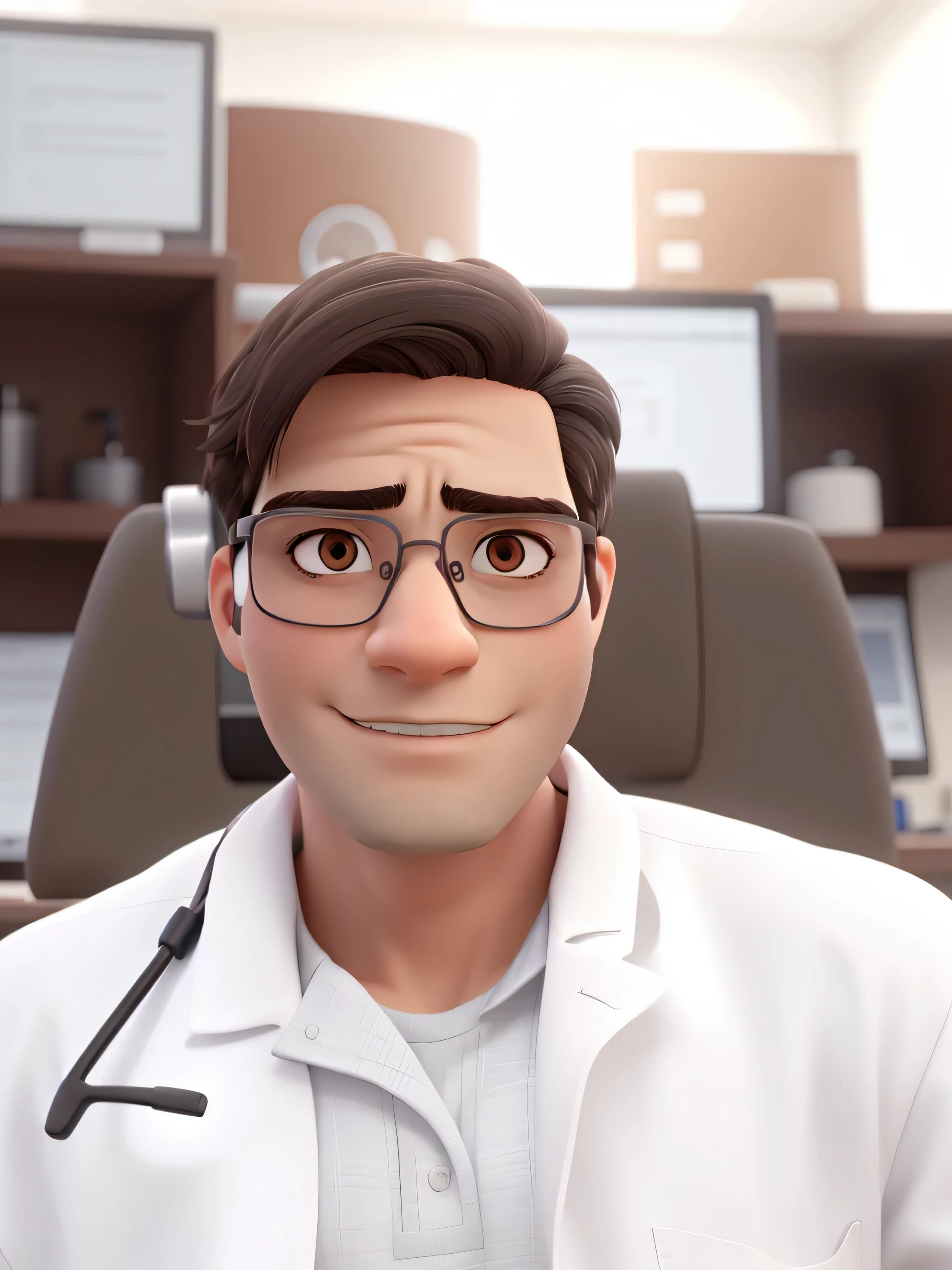 criar personagem, homem, Pele branca, olhos escuros, direto, cabelo curto, wearing glasses, vestindo um jaleco, with a stethoscope
