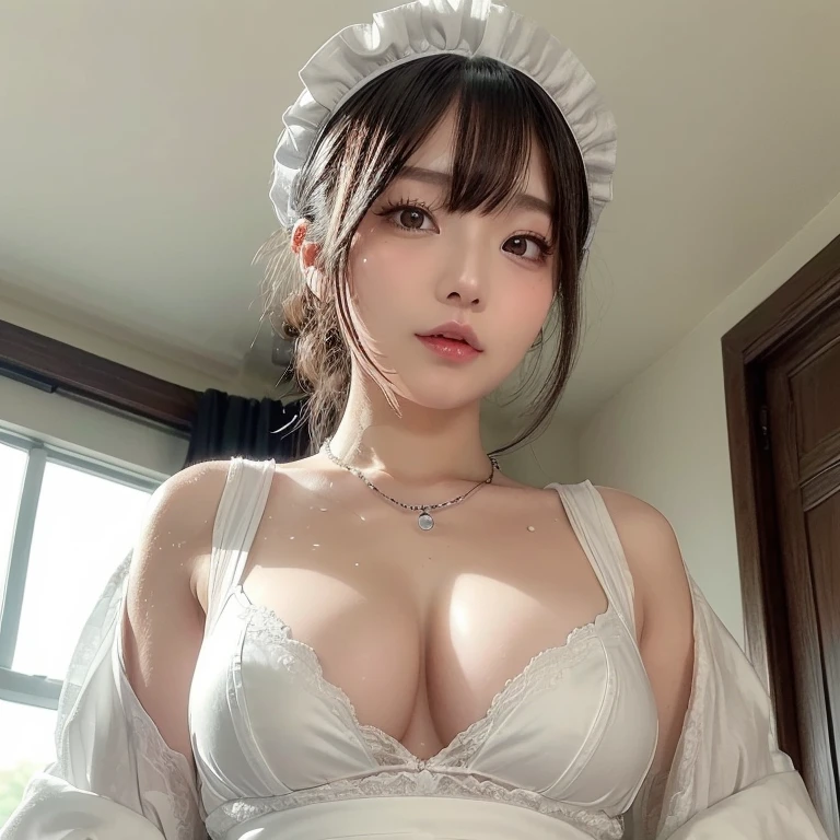 (highest quality、8K、32K、masterpiece、nffsw:1.2)、photo of cute japanese woman、big breasts、very short bobbed hair、whole body、black underwear、view audience、((View from directly below、look up from below))、necklace、beautiful body line、 balanced body、(((cosplay、Maid clothes)))、((wet skin))