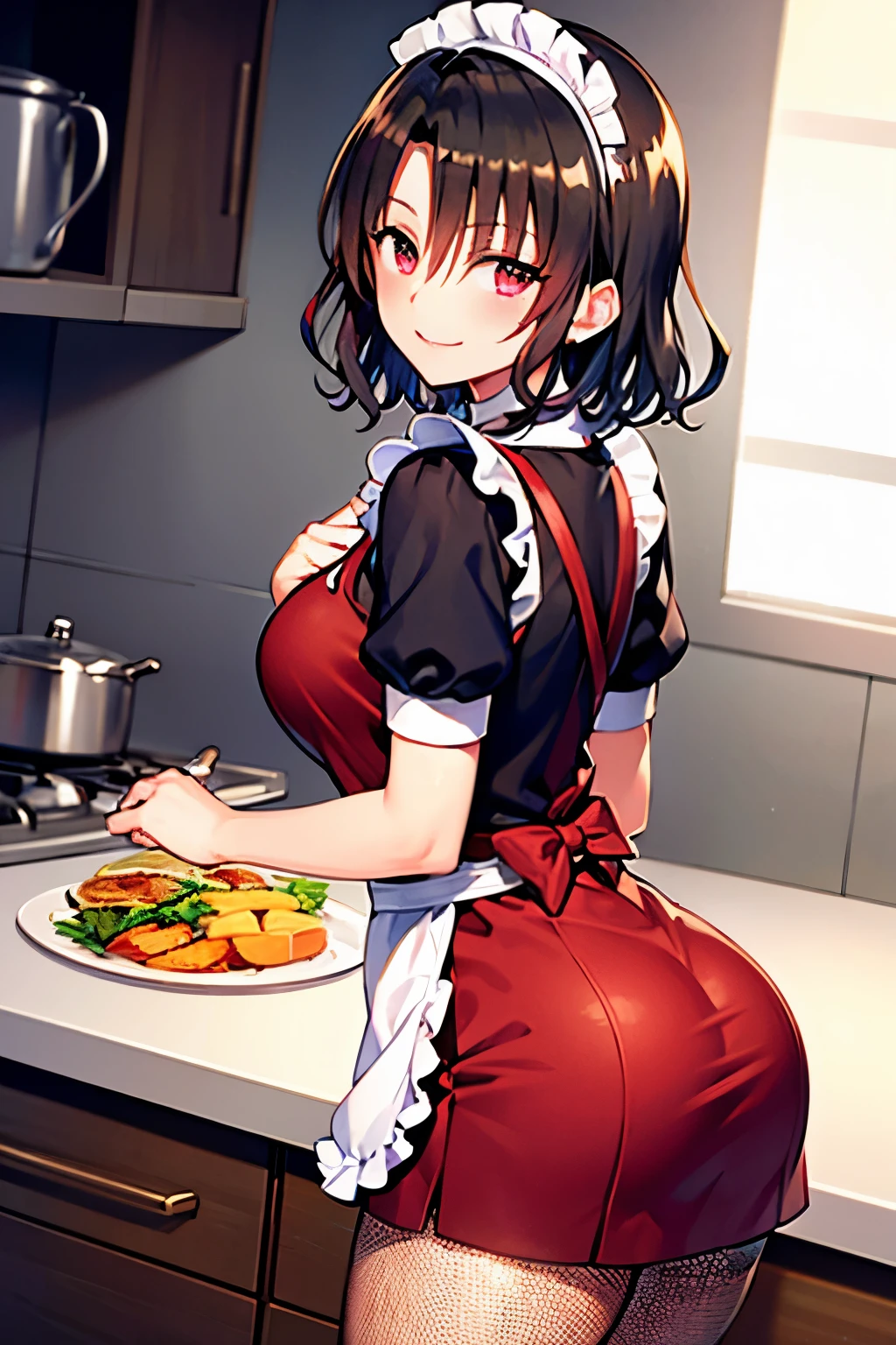 black hair、hot pants　blue、Fishnet Tights　black color、chest open　Ruffled apron　pink、maid headband、big breasts、smile、Are standing　Looking back、kitchen　In the middle of the meal