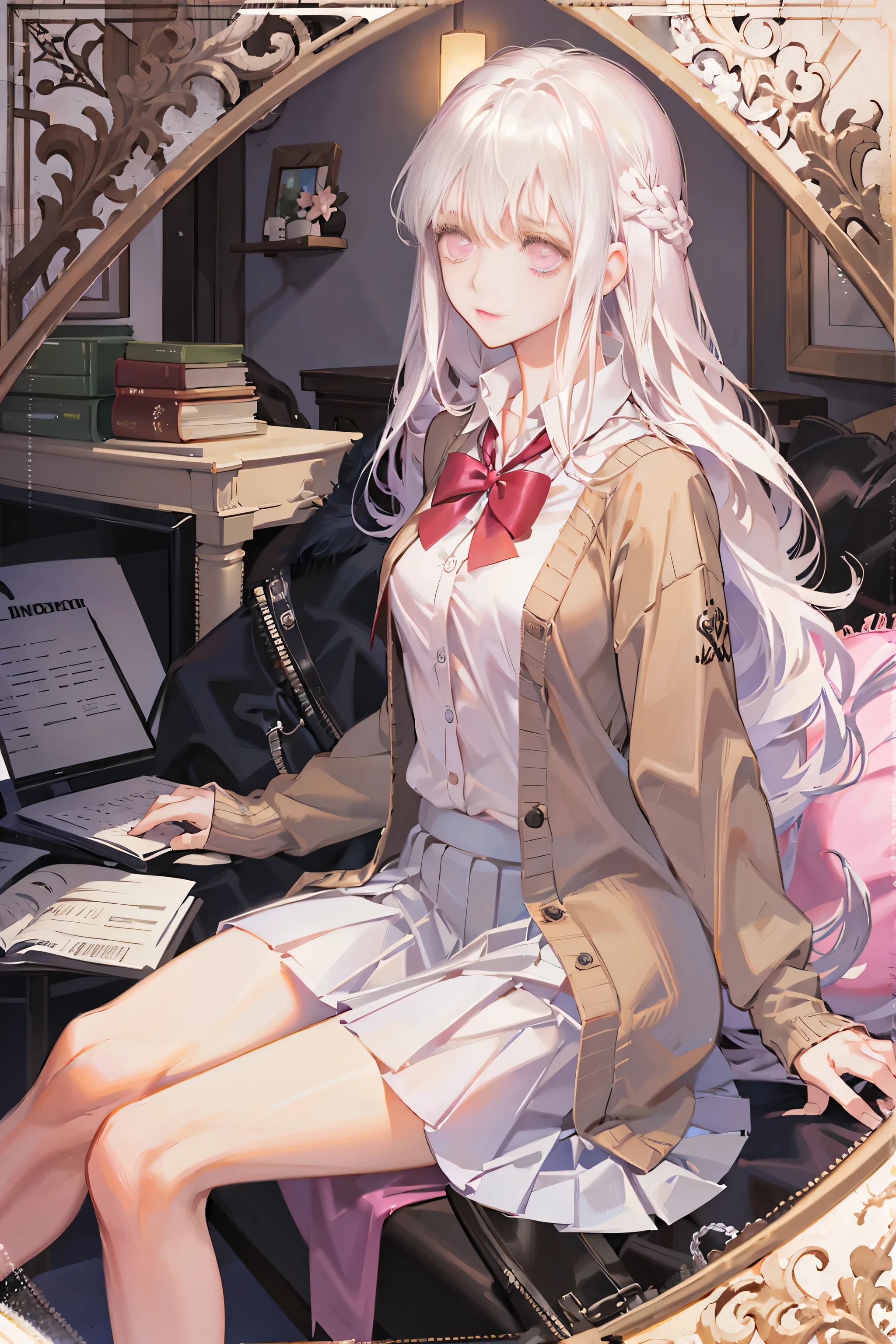 best quality, masterpiece, 1 girl, student, white hair, long hair, pink eyes, medium breasts, collared shirt , pleated skirt, Brown cardigan , black stockings, sitting, extremely delicate and beautiful girl, extremely delicate and beautiful, Beautiful and delicate eyes