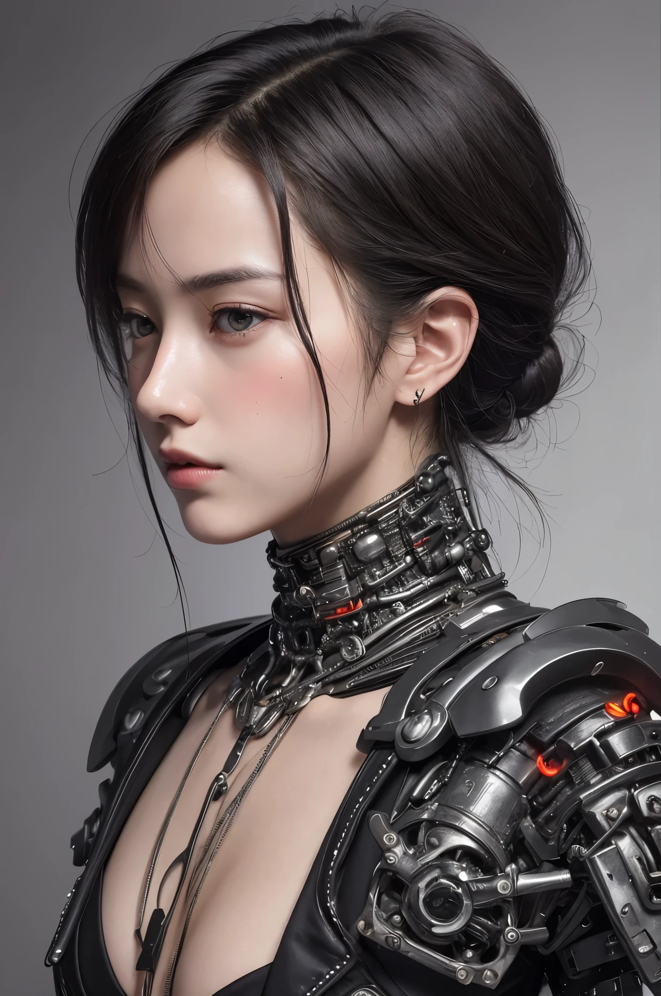 top quality, masterpiece, ultra high resolution, (lifelike: 1.4), original photo, 1 Cyberpunk Girl, black hair, shiny skin, 1 mechanical girl, (超lifelike细节)), whole body, global illumination, Compared, shadow, octane rendering, 8k, Super sharp, Cleavage exposure, raw skin, Metal, intricate decorative details, Japan details, very intricate details, realistic light, CG trends, face camera, Neon details, mechanical limbs, blood vessels connected to tubes, Mechanical vertebrae attached to the back, Cervical spine mechanical fixation in the neck, Wires and cables connected to the head, Gundam, small LED light.