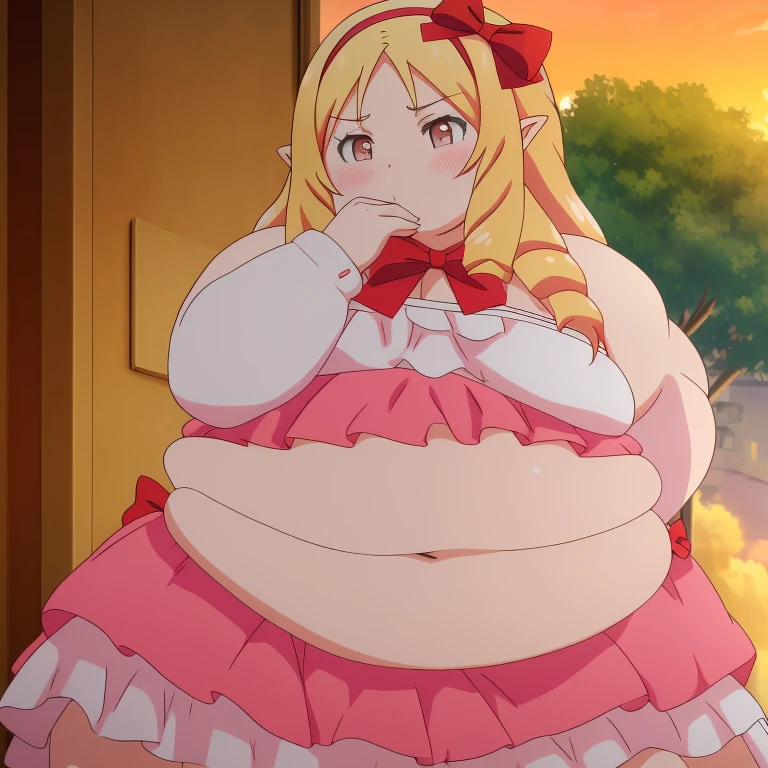 obese yamada elf, dress, obese body, cute, fat belly, fat arms, thick thighs, hairband, long_hair, pink_bikini, red_bow, , 8k, masterpiece, absurdres, anime, sexy, sunset breach background 