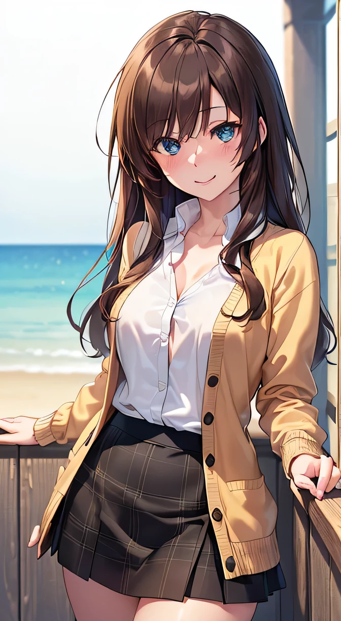 ((masterpiece, best quality, high resolution, ultra high definition, Pixel perfect, depth of field, 4K, RTX, human development report))), 1 girl, single, alone, sexy anime girl, beautiful art style, anime characters, ((long hair, Bangs, brown hair)), ((blue eyes:1.4, round eyes, beautiful eyelashes, realistic eyes)), ((Detailed face, blush:1.2)), ((smooth texture:0.75, lifelike质感:0.65, lifelike:1.1, Anime CG style)), medium breasts, dynamic angle, Perfect body, ((portrait, Throw)), ((Brown cardigan, White shirt, black skirt, Plaid skirt, black stockings)), Smile,Show off your breasts,Seaside at night