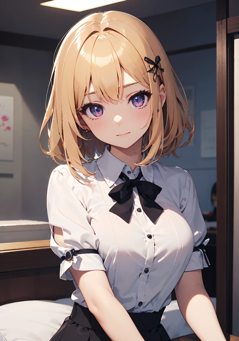 masterpiece, absurdres, best quality, ultra detailed, high Resolution, detailed illustration, extremely beautiful detailed face and eyes, bright colour, 1girl, (), cute face, Delicate beautiful face, magenta eyes, cute eyes, sparkling eyes, big eyes, medium breasts, (perky breasts:1.1), (pointy breasts:1.1), medium hips, glamorous body, white skin, happy, BREAK, long bob cut, (blonde hair:0.8), messy hair, detailed hair, shiny hair, BREAK Examination clothes, tiny ribbon, health check, Physical examination, hospital, real world, natural lights, perfect lighting,