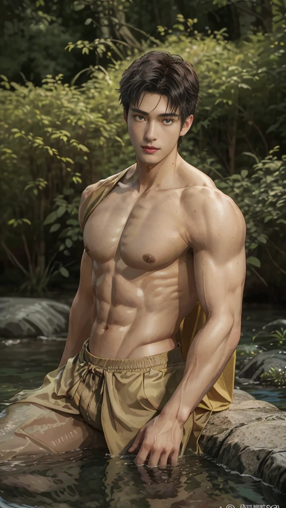 1 person, 美丽的眼睛和details on face, Masterpiece, best quality best, close the divide, 健美body of, (model) Hot skin, Masterpiece, best quality, The most handsome man in the world.., Tan Kuan, perfect body, beautiful model, Attractive men bring beauty between the ages of 18-24.., เบ่งบานในsummer, Green Lawn, summer, different, tree , flower, sky, Bai Yun, strong, Handsome young man reveals his chest muscles, upper leg，White and clear all over)), (focus man), (光滑body of)), smile, very cute., dynamic, Cool Poses, beautiful light, figureถ่ายเต็มตัว, figureถ่ายเต็มตัว, , figure, body of, High and slender, figureร่างแน่น, draw , Baby Faceof, KHD, The skin color is natural., gentle light, which is very detailed, viewer&#39;point of view, Photography of, Sensitive skin, real person, realistic, Lens, Crazy details, details on face, Maximum magnification, realistic exaggeration, movie light, long focus, Finely detailed lighting elements, Highly detailed, Highly detailed, การdrawภาพดิจิตอล, art station , concept art, Smooth focus, sharp, Enlightenment, Unreal5 engine, 8ก, art：Ross Tran、Greg Rutkowski and Alphonse mucha, 超KHD, 8ก, Exhibited for men only .8ก. Ultra HD, SLR camera, low beam, High quality, movie light grain, Fujimovie light XT3, fan, Version 2, No underwear.