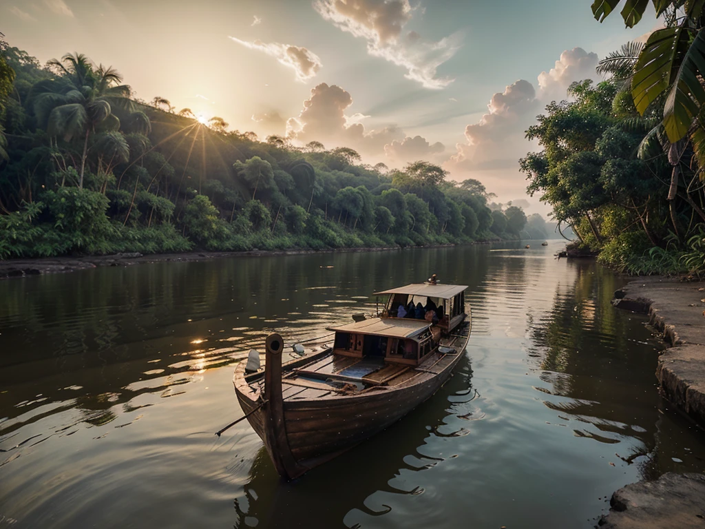 Mekong River, in the jungle of Thailand, at sunset, with realistic textures, ultra hd, realistic, vivid colours, high detail, perfect composition, beautiful detailed complex insanely detailed octane render, artstation trend, 8k art photography, photorealistic concept art, soft natural volumetric cinematic perfect light