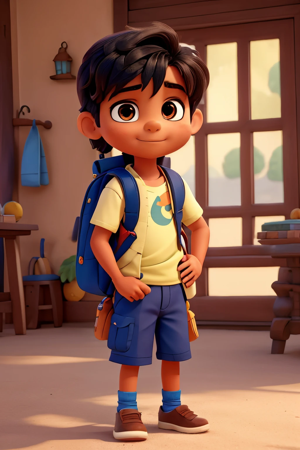 Create a charming Indian boy in Disney style, high definition, with a backpack slung over his shoulder, a pen clutched in one hand, and a pair of underwear peeking out from under his colorful shorts.