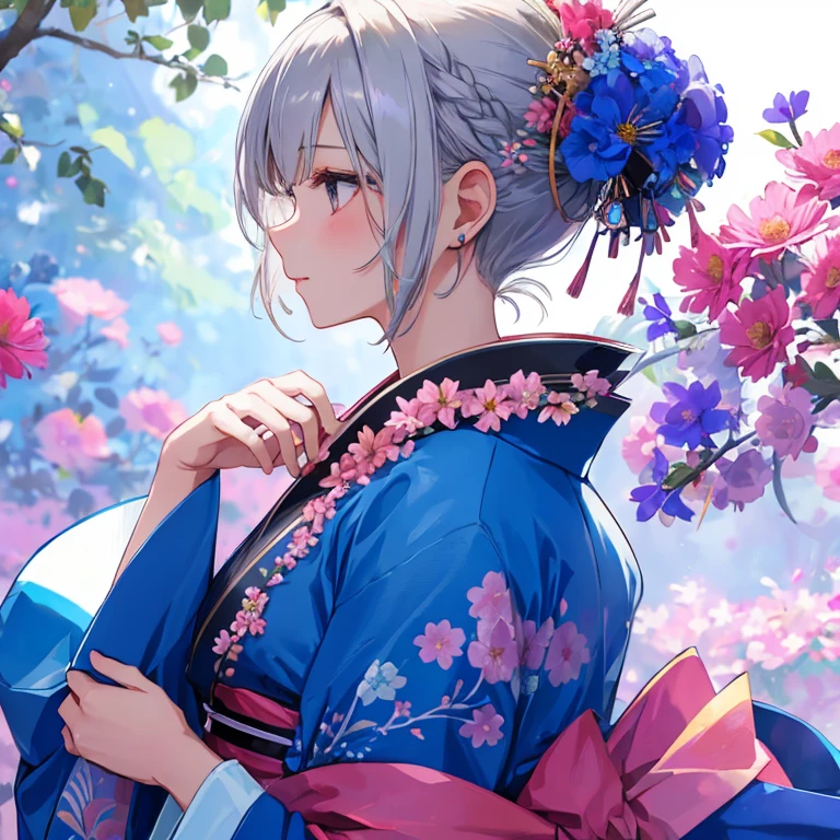 1 girl, alone, short hair, hair ornament, jewelry, kimono, upper body, flower, gray hair, hair flower, necklace, otohime, profile, pink flower, blue flower, abstract, vivid is flower, dancing flower, realistic flower
