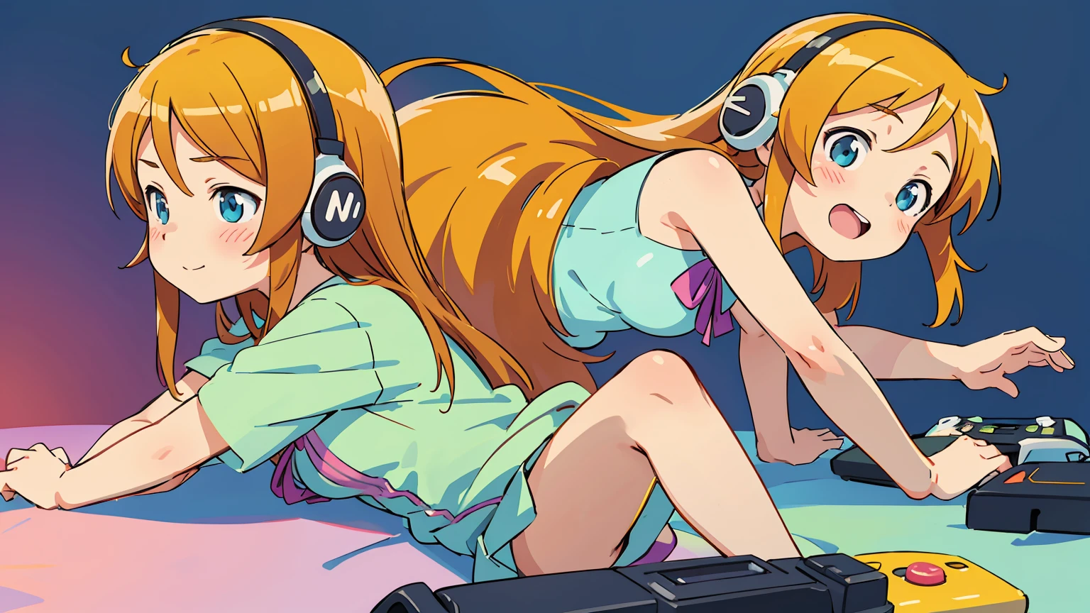 Kousaka Kirino, oreimo, best quality, realistic, vividKirinos, digital illustration, nude, medium breast, naked, gamer girl, orange long hair, student, teen, focused look, headphones, gaming controller, colorful background, cheerful expression, beautiful, pretty