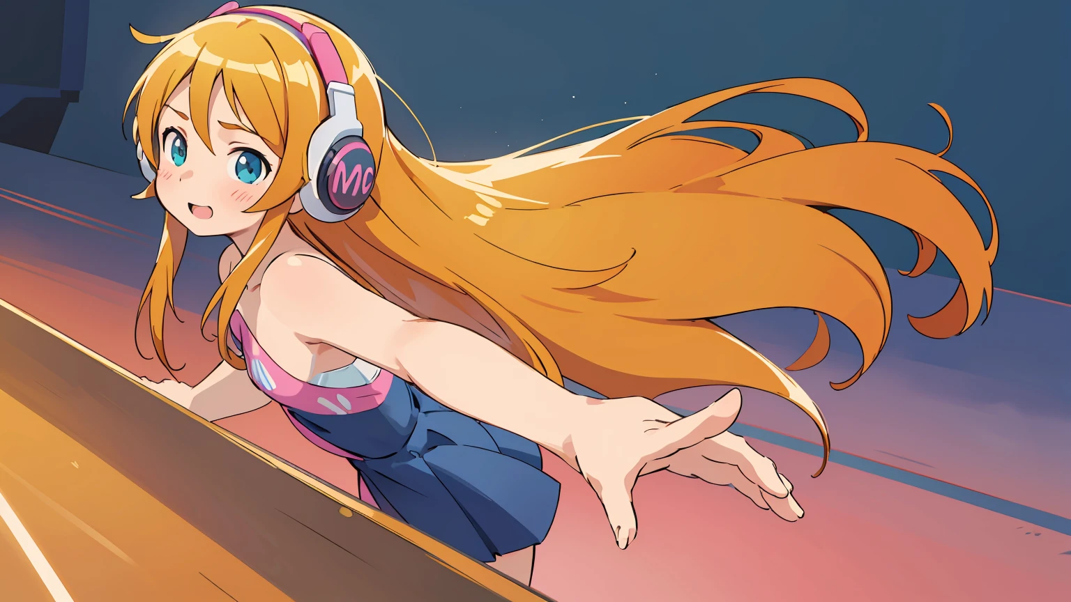 Kousaka Kirino, oreimo, best quality, realistic, vividKirinos, digital illustration, nude, medium breast, naked, gamer girl, orange long hair, student, teen, focused look, headphones, gaming controller, colorful background, cheerful expression, beautiful, pretty