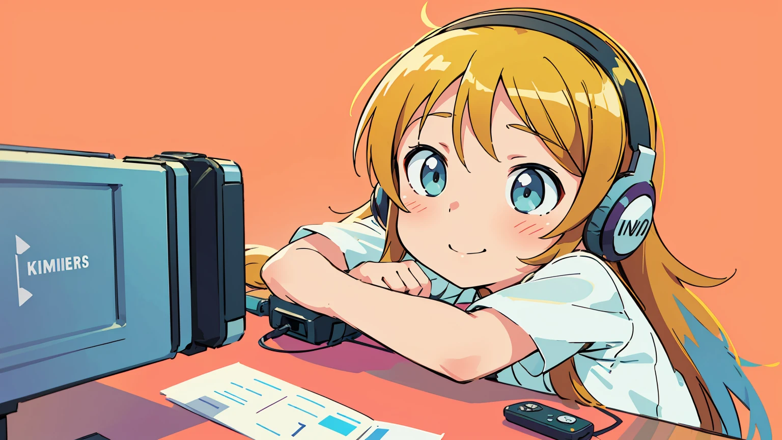 Kousaka Kirino, oreimo, best quality, realistic, vividKirinos, digital illustration, nude, medium breast, naked, gamer girl, orange long hair, student, , focused look, headphones, gaming controller, colorful background, cheerful expression, beautiful, pretty