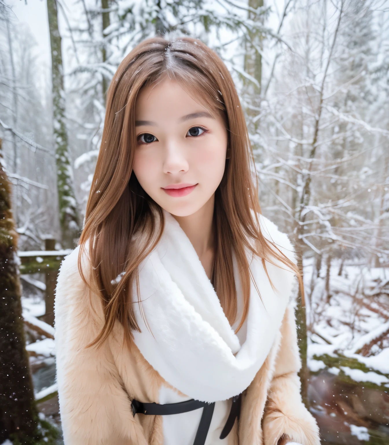 A young slender woman, in a white fur coat, walking through the winter forest, white fluffy snow, beauty, nature, tranquility, walk, realistic photo, high resolution, facial features do not change, hair do not change, pose do not change, profile do not change
