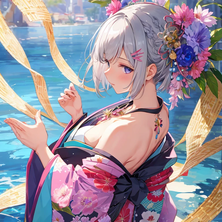 1 girl, alone, short hair, hair ornament, jewelry, kimono, upper body, flower, gray hair, hair flower, necklace, otohime, profile, pink flower, blue flower, abstract, vivid is flower, dancing flower, realistic flower