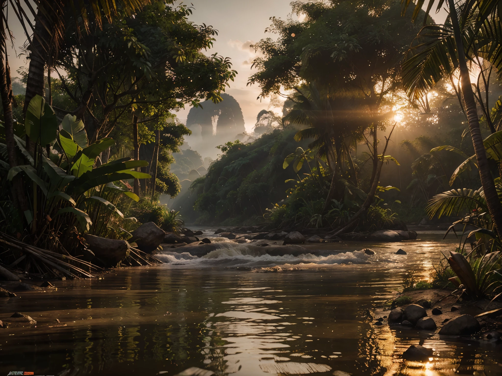 Mekong River, in the jungle of Thailand, at sunset, with realistic textures, ultra hd, realistic, vivid colours, high detail, perfect composition, beautiful detailed complex insanely detailed octane render, artstation trend, 8k art photography, photorealistic concept art, soft natural volumetric cinematic perfect light