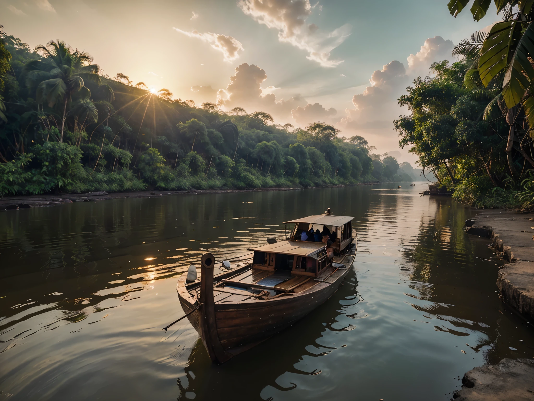 Mekong River, in the jungle of Thailand, at sunset, with realistic textures, ultra hd, realistic, vivid colours, high detail, perfect composition, beautiful detailed complex insanely detailed octane render, artstation trend, 8k art photography, photorealistic concept art, soft natural volumetric cinematic perfect light