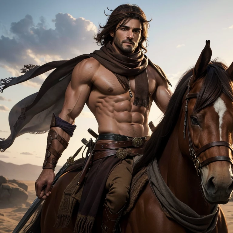 A young handsome skinny man with no shirt standing in the desert with many horses running behind him 