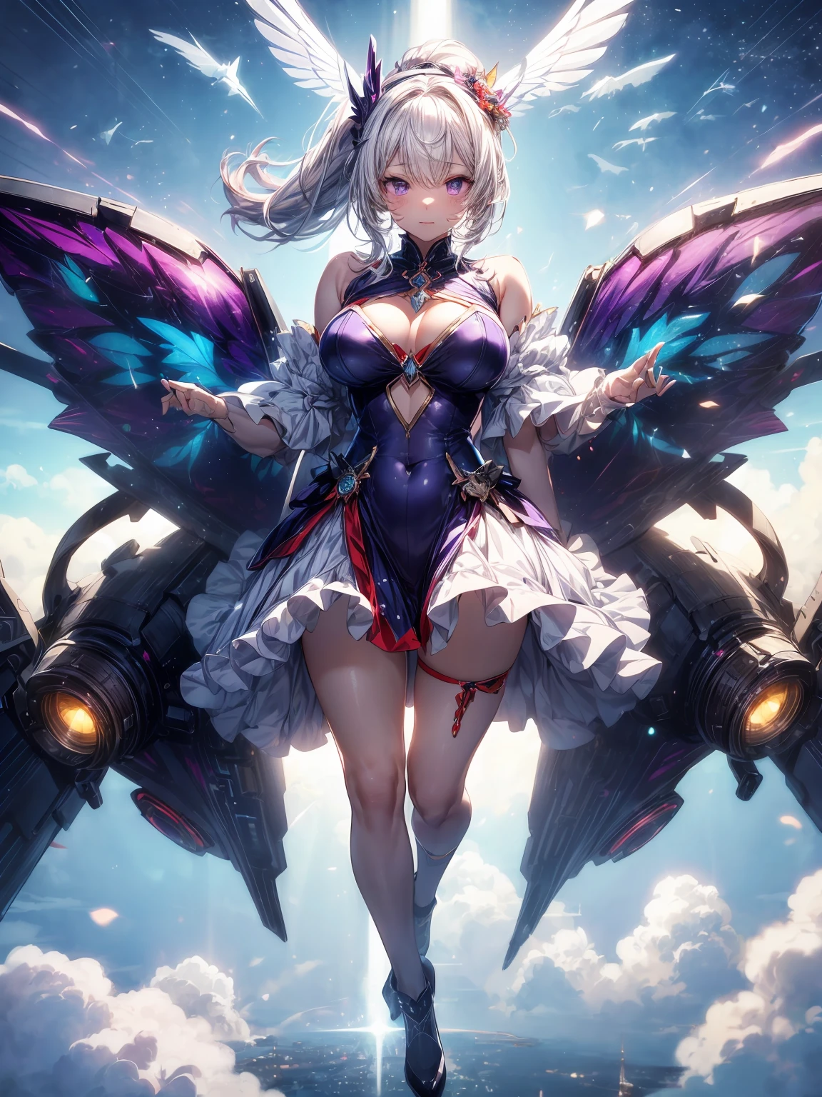 (masterpiece、highest quality, wonderful, very detailedティッカーユニティ、8k wallpaper, Depth of written boundary, Ultra-fine illustration:1.5)、。.。.3D, very detailed, (Full body Esbian、mecha princess girl:1.3), sci-fi battlefield, Hawken, smile, open your mouth、short ponytail hair, (Deep purple hair, purple eyes:1.2), sparkling eyes, cute顔, cute, big breasts, delicate hair, messy hair, (((Flying high in the sky))、blue sky, White cloud), shiny hair, shiny skin, (Symmetrical mechanical winetallic colored mechanical wings that are widely expanded to the left and right so that they protrude wonderfully from the screen, bite, white hair ornament), (particles of light, cinematic lighting: 1.3), (pale pink lips: 0.8), by Yusuke Murata.
