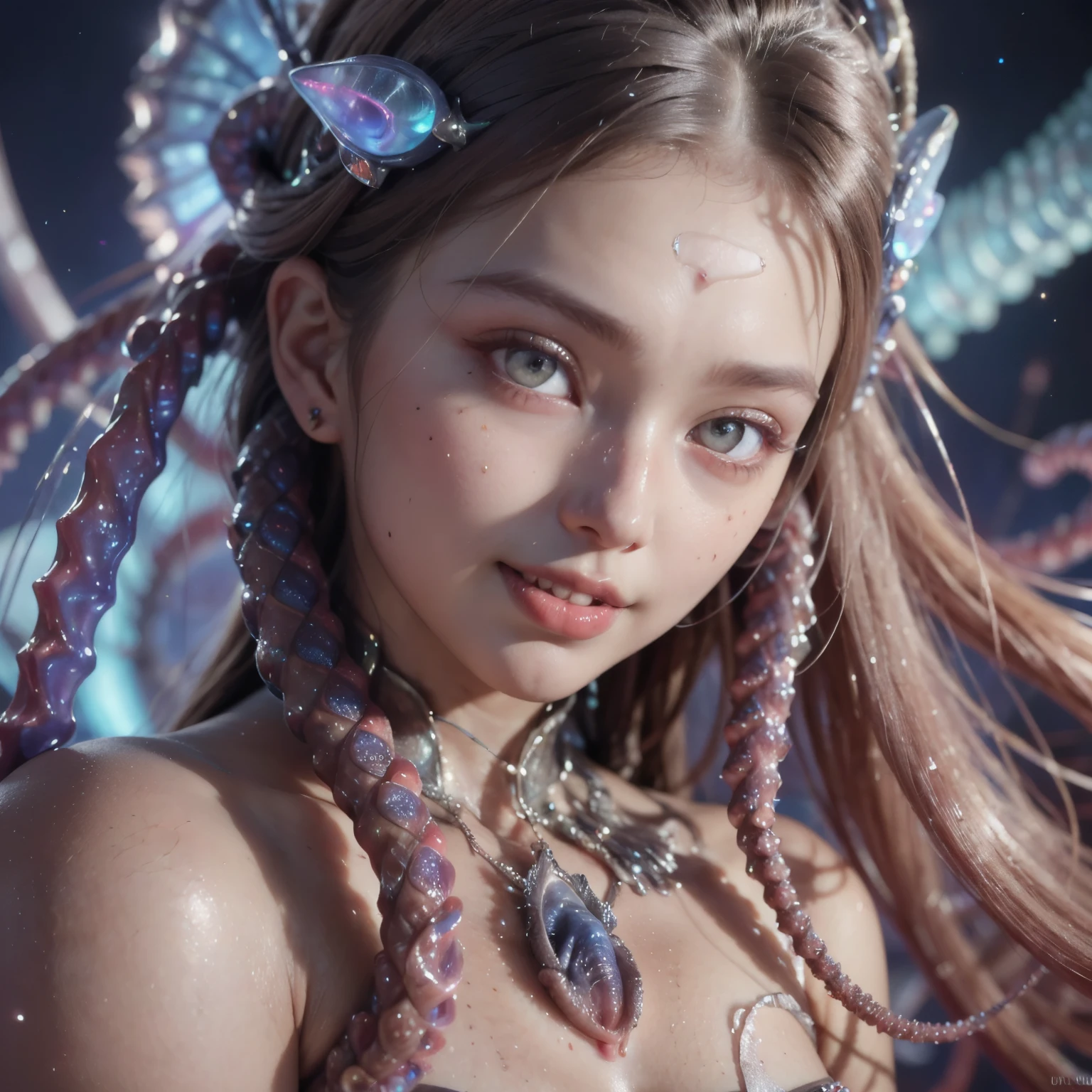 Highest quality, masterpiece, Ultra-high resolution, (Realistic: 1.4), RAW Photos, 1 Girl, Shiny skin, (Ultra-Realistic Details)), Portraiture, Global Illumination, Shadow, Octane Rendering, 8K, Ultra Sharp, big, South Korea details, Very intricate detail, Realistic Light, CGSoation Trend, Purple eyes, Glowing Eyes, To the camera, Neon Details,(Lighting on face:1.5)),((Delicately depicting the face:1.2)),((multicolored hair colors:1.2)),((Dreadlocks:1.4),(((Completely naked))),(((nsfw)))