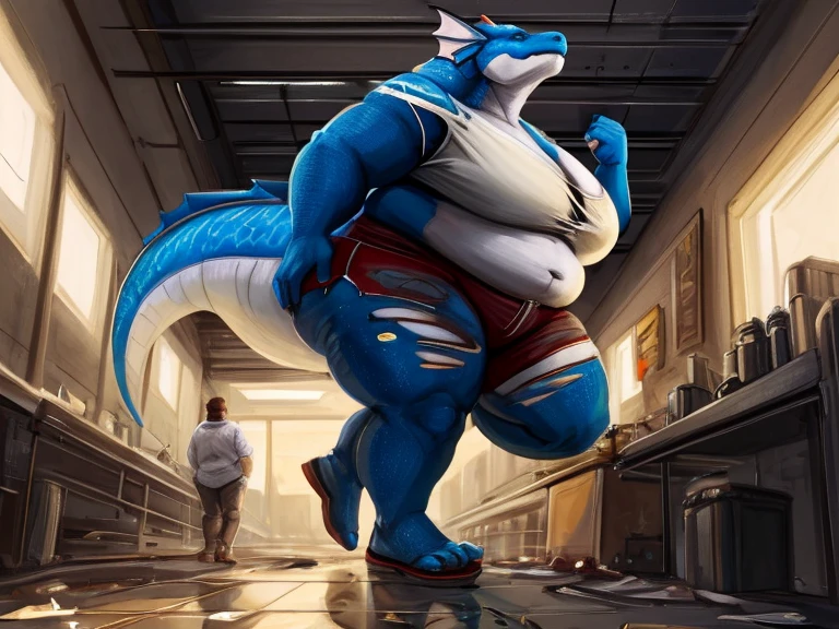(growling) (walking) (morbidly obese:1.2) (tall:1.3) (macro) (solo:1.2) (leviathan), (blue scales), (belly scales:0.7), (countershade torso), (cheek fins), (mid transformation), (size transformation), (weight gain), (by doctordj), (by caraid:0.7), (by strawberrytfs:0.5), (by cettus:0.5), by oouna, macro, (laboratory) (hallway:1.3) (science fiction) (cyberpunk) (futuristic) (torn clothing:1.3), (no footwear:1.2), (lab coat:1.2), (huge breasts:1.1), huge hips, huge butt, belly overhang, deep navel, (deep skin), (skindentation), (flabby arms:1.3), (double chin:1.2), (chubby cheeks:1.2), (body size growth), (building damage:1.3), (damaged ceiling:1.3), cracks, (damaged floor:1.3), (full-length portrait), (no hair), (dark skin:1.2), (long tail:1.2) (cramped) (stuck) (torn sleeves:1.3), (bent over), (undersized clothes:1.3)
