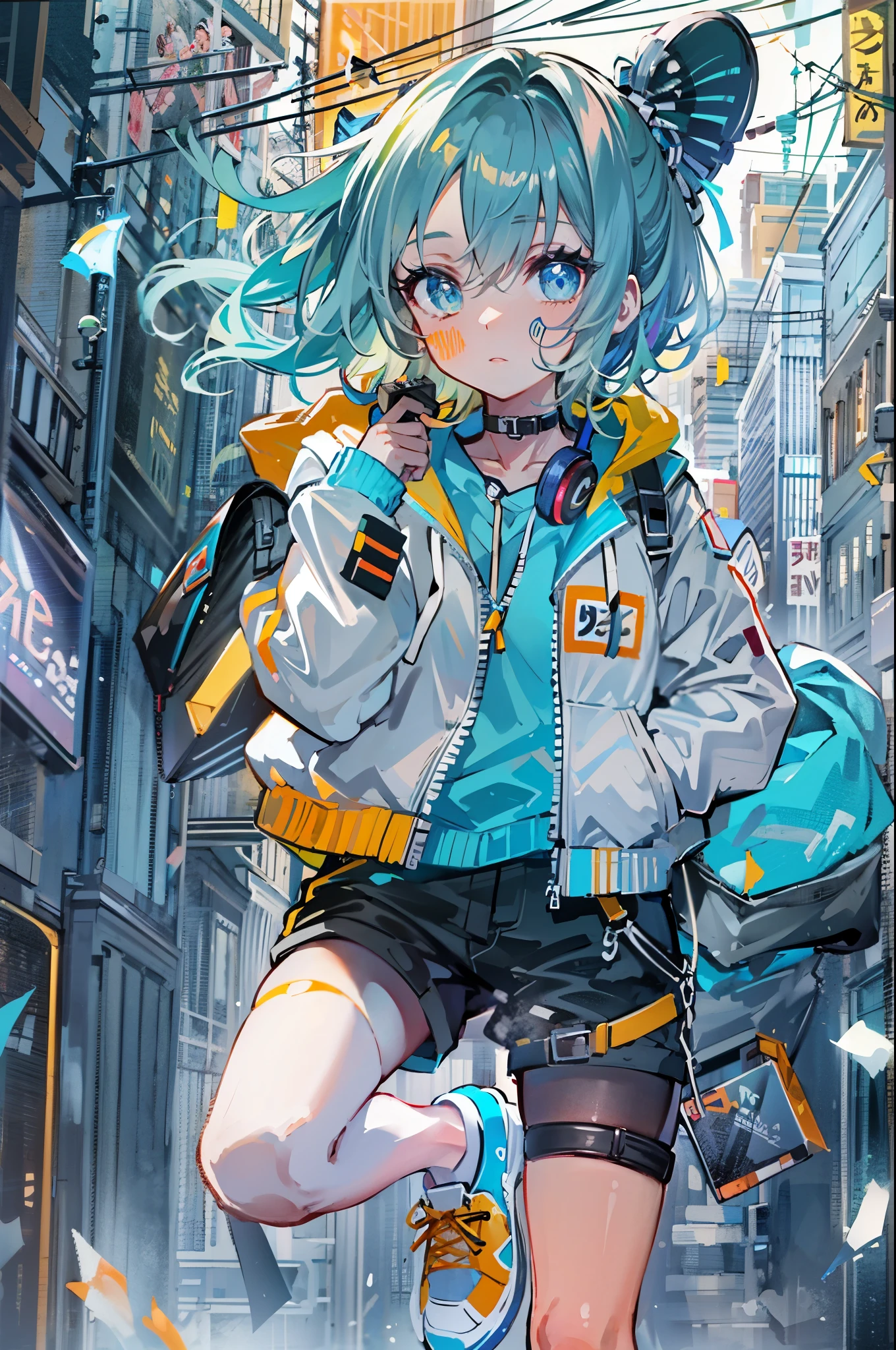 ((8K resolution))、((highest quality))、((masterpiece))、((super detailed))、1 female、solo、incredibly absurd、oversized hoodie、headphones、street、outdoor、rain、neon、short cut hair、bright colored eyes、put one's hand in one's pocket、shorts、water dripping, step piece, cool blue open short jacket, tattoo, Messy Fade Cut Hair,quirky sneakers,Eyeshadow on the eyes,unusual colored eyes, Vivid eyes,