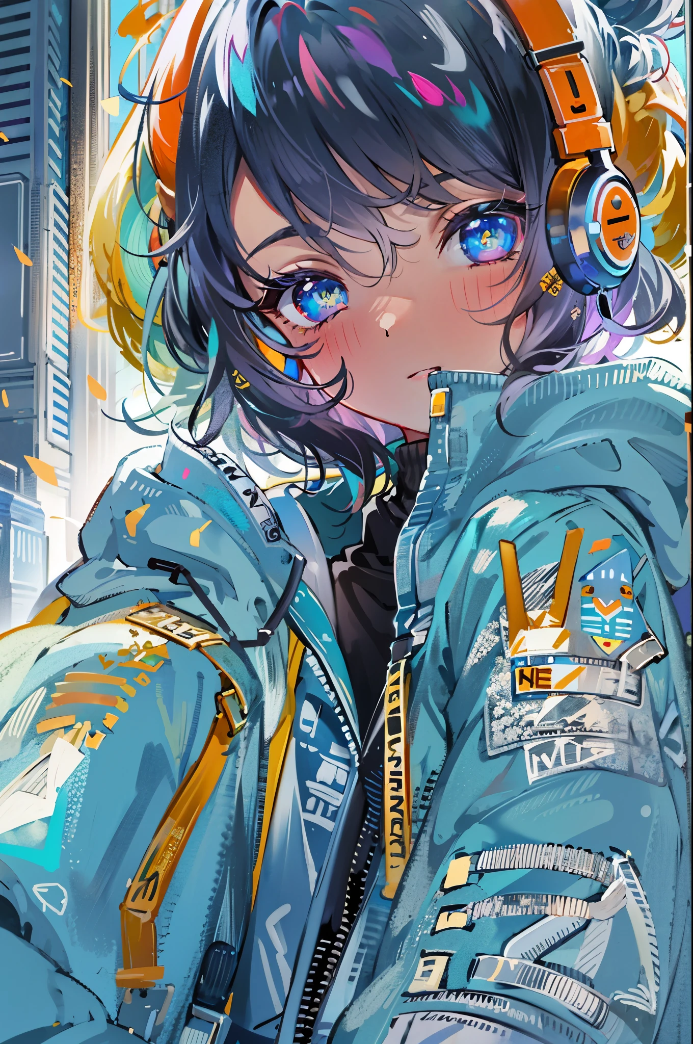 ((8K resolution))、((highest quality))、((masterpiece))、((super detailed))、1 female、solo、incredibly absurd、oversized hoodie、headphones、street、outdoor、rain、neon、short cut hair、bright colored eyes、put one&#39;s hand in one&#39;s pocket、shorts、water dripping, step piece, cool blue open short jacket, tattoo, Messy Fade Cut Hair,quirky sneakers,Eyeshadow on the eyes,unusual colored eyes, Vivid eyes,