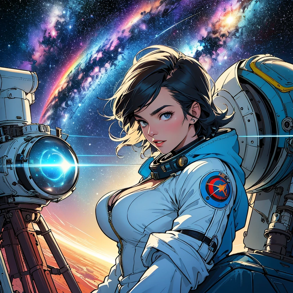 (((32k))),(((highest quality))),(Perfect One Woman),60's,70's,80's,old movie posters,retro,vintage,bauhaus,abstract,Space Thriller Movie Poster,Futuristic,shape,OK,cosmos,galaxy,satellite,mechanical,Geometric pattern,meteor,meteorite,planet,very delicate,宇宙飛OK士,Milky Way,big breasts,cleavage,rainbow,massive stream of light,flare,overlay,unreality,Extraordinary,