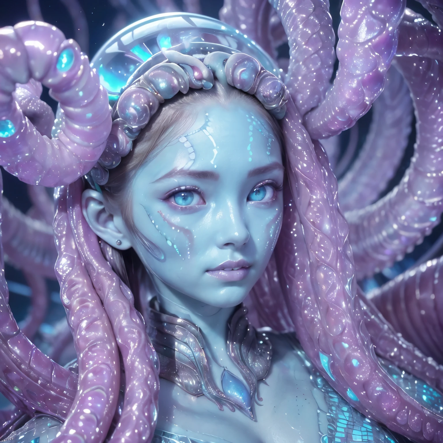 best quality, masterpiece, ultra high resolution, (photos realistic:1.7), scary and sexy detailed art in color, Portrait, (beautiful and obscene female alien:1.4), (vulgarity1.7), (she has red eyes with no pupils:1.8), (She has translucent pale skin:1.7), (There is a female genital-like organ in the middle of the forehead:1.95), (She has the most beautiful face in the history of the universe:1.2), (She has multiple bioluminescent organs on the side of her tentacles:1.4), (Her body is covered with an iridescent exoskeleton:1.3), (She is showingh her arm pits:1.4), an evil gaze that seduces, (large mouth:1.1), (sharp teeth like a vampire:1.2), Full body portrait, (bio luminescent:1.5), (Smile wickedly:1.3), (sexypose:1.5), alien, No humans, cells are fused, (There are lots of translucent tentacles from her head:1.3) extraterrestrial, cell, bio image, best quality, 8K,In 4K_quality, High freshness, Dramatic Lighting, cinematic quality, detail up, (exquisite details:1.2), High freshness, drawing faithfully, (Thick eyebrows:1.2), Beautiful eyes with fine symmetry,(Highly detailed face and eyes:1.2),(Super detailed skin quality feeling:1.4), perfect anatomy, (Beautiful toned body:1.5), (Moist skin:1.2), not wearing makeup, (dark circles:1.1), long canines, cinematic drawing of characters, cinematic quality, detail up, (exquisite details:1.2), high resolution, High freshness, drawing faithfully, official art, Unity 8K Wall paper, ultra detailed artistic photography, midnight aura, unreal engine 5, Ultra Sharp Focus, art by Amano Yoshitaka, ArtGerm, Roisch, intricate artwork,ultra realistic realism, dream-like, nautilus, Creation of fantasy, dream Snail, (biopunk nautilus:1.3),Thrilling color schemes, seductively smiling, Blue tentacles, Amazing mutation, well-proportioned body, goddess of the deep sea, fractal, Geometric pattern, impossible figures,(asymmetry:1.4), (white tentacles with blue stripes:1.4), subtle emerald green accents, (expression of ecstasy:1.6)