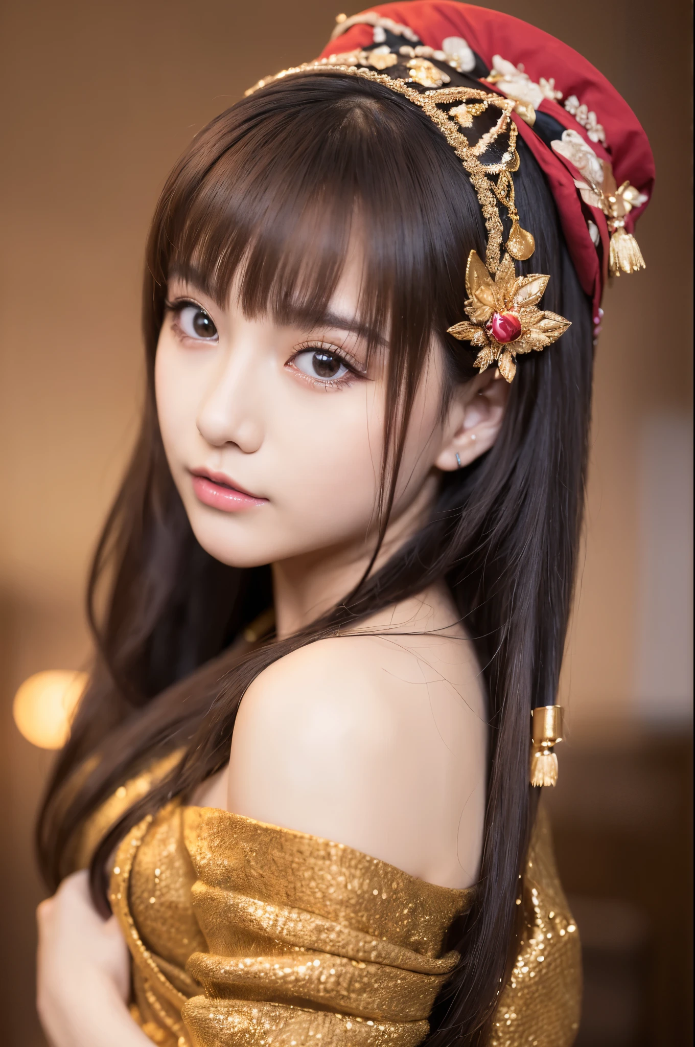 (one young girl), very cute face, wonderful face and eyes, (highly detailed eyes, highly detailed face), Fresh, very beautiful appearance, (超realistic, High resolution), (highest quality:1.4), RAW photo, (realistic, Photoreal:1.37), professional photography, (floral pattern yukata:1.5), (Open yukata), (cleavage:1.2), (bare shoulders), smile a little, (look at me), Bedroom, girl portrait,