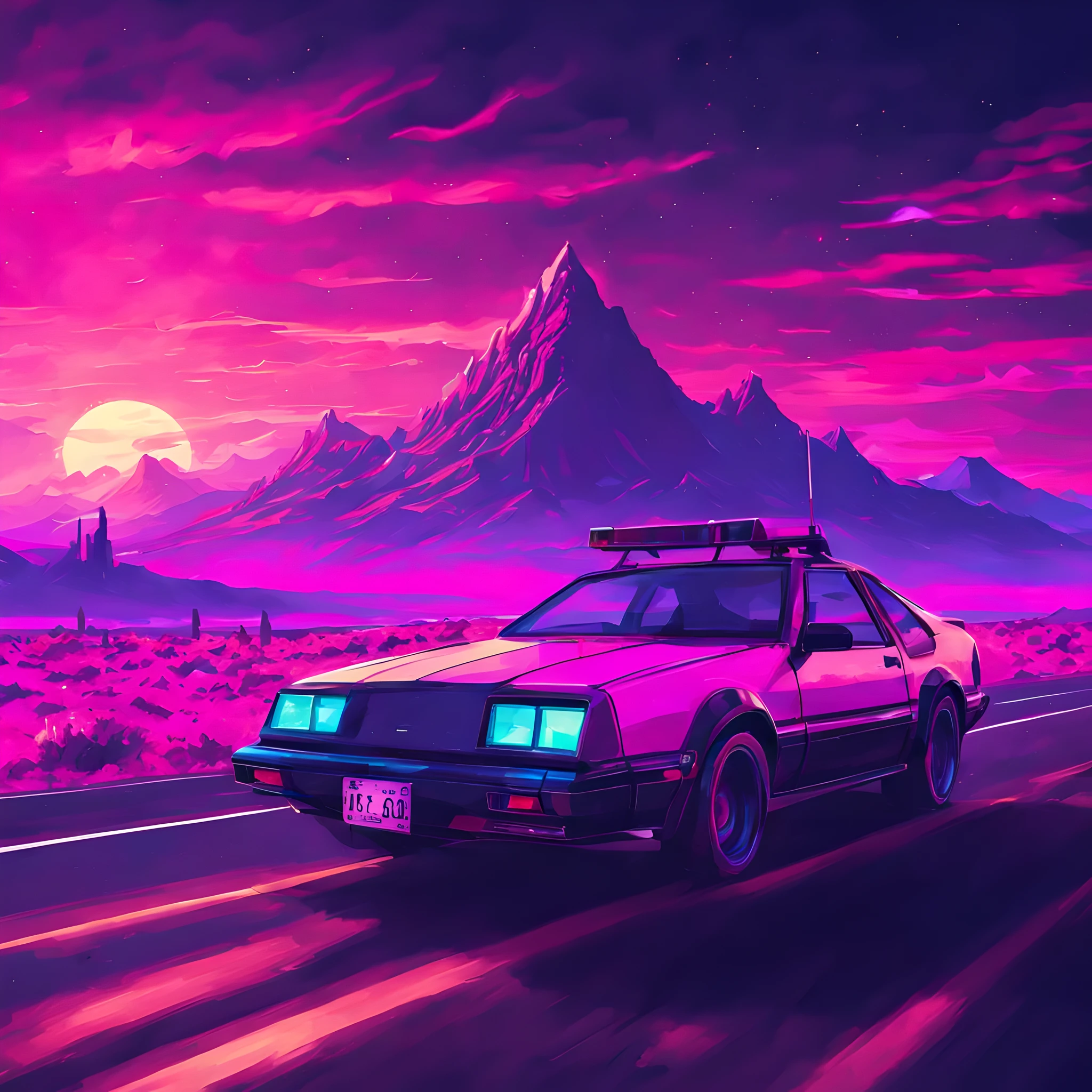 synthwave cyberpunk landscape, retro synthwave car travelling on road