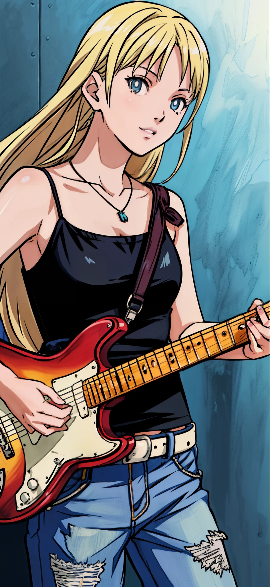 (highest quality,4K,8K,High resolution,table top:1.2), Super detailed, (realistic,photorealistic,photo-realistic:1.37), ((close up of face)),rage, Unfortunate,((blonde hair)), ((long hair)),black camisole, damaged denim jeans,necklace,((playing the guitar)),beautiful and detailed eyes, beautiful detailed lips, highly detailed eyes and face, long eyelashes, realistic anime 3D style, Smooth anime CG art, Digital rendering by Makoto Shinkai, Moe anime art style, photorealistic rendering of an anime girl, Shinkai Makoto style, Cute anime girl visuals, realistic young anime girl, girl fan art, Created by Anime Artist'studio of.