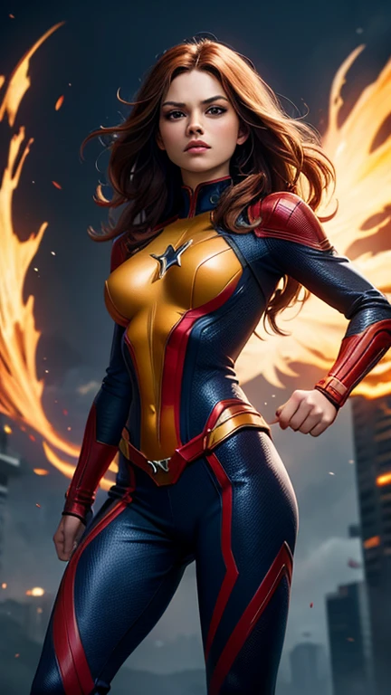 (best quality), (high detail), (perfect body), (marvel comics), (X-Men), (Dark Phoenix), beautiful female hero from marvel comics, (marvel), (superhero), HDR, 4k, 3D