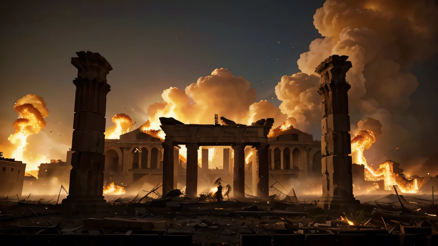 Generate a powerful and evocative image depicting the aftermath of the Trojan War, with the legendary city of Troy in ruins and engulfed in intense flames. Capture the destruction and chaos of war, emphasizing the crumbling architecture, smoky atmosphere, and the fiery glow that illuminates the devastation. The image should evoke a sense of tragedy and capture the emotional weight of the moment, serving as a striking visual backdrop for a theater show centered around the Trojan War