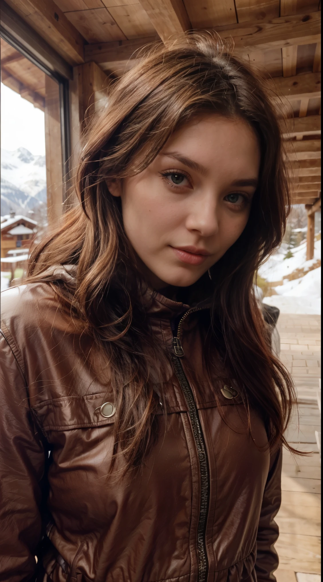 her name is mumu, Beautiful young face, long wavy ashy red hair, sexy green eyes, long eyelashes, pure and sexy beauty, While on a ski holiday in Switzerland.