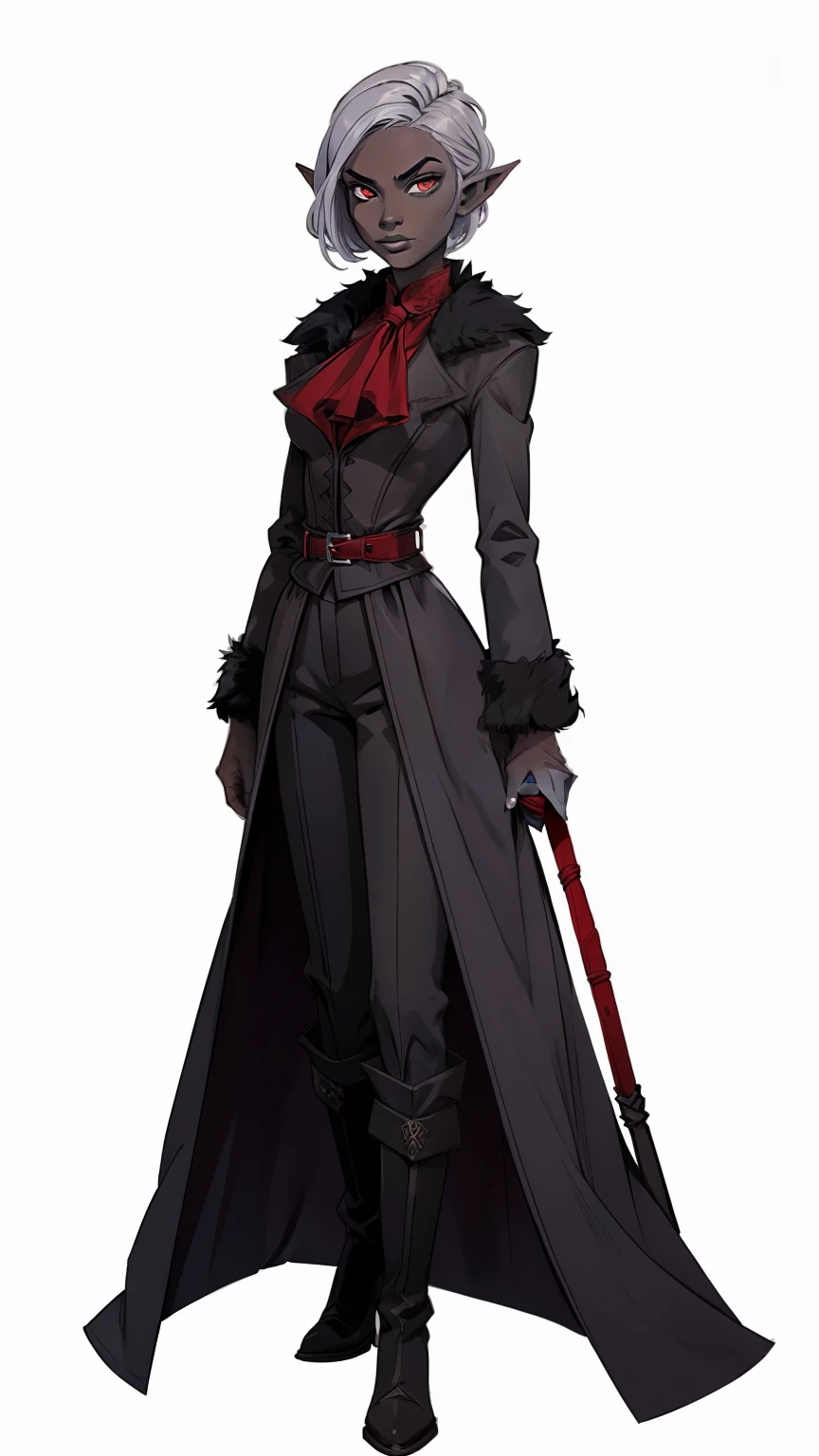 full body portrait, 1girl, short combed hair, pixie cut, silver hair, combed hair, forehead, drow, dark gray skin, fur coat, red high-collared shirt, ascot, high collar, solo, blank background, white background, outside, gothic fantasy art, long pointy ears, high laced boots, bullwhip, wide hips, flat-chested, angsty