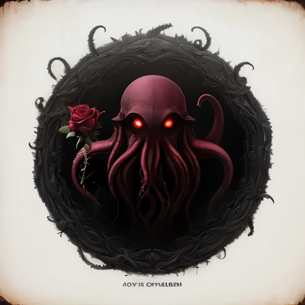 An eerie and mysterious depiction of Cthulhu on a white background, accompanied by a sick rose, a blood sickle, a void, an invisible worm, and a honeysuckle, with the sentence "Lovecraft's Secret Domain" written on the foreground, Vintage photorealistic color painting, using a variety of colors to create a vintage effect, --ar 1:1 --v 5, by Beeple, beeple masterpiece, beeple and mike winkelmann,, by Aleksander Kobzdej