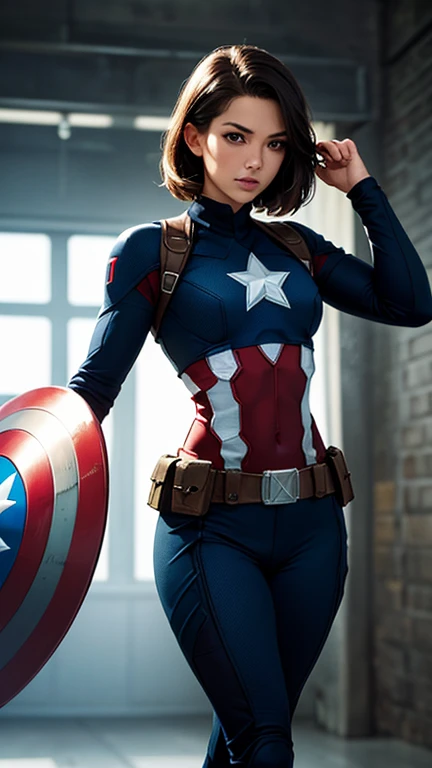 (best quality), (high detail), (perfect body), (marvel comics), (captain America shield), (1girl), beautiful captain America from marvel comics, (marvel), (superhero), HDR, 4k, 3D
