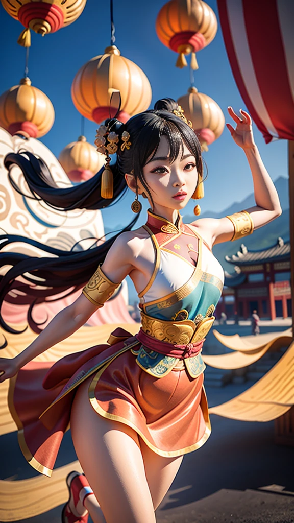 An ancient Chinese painting scroll,In the picture,The girl Chang'e in gorgeous Hanfu,Charming,Curved eyebrows,slender eyes,Flying to the sky in Dunhuang style,Lightweight,The clothes are fluttering,like a dance in the air。She moves vigorously and gracefully,Complementing the ancient murals,During parkour,She makes some difficult moves from time to time,like rolling、jump、Taxi etc.,Elegant and agile posture,Combined with traditional Chinese cultural elements,Demonstrates the wisdom and strength of the Chinese nation,The whole picture is rich in color,with magnificence、Antique as the main tone。The bright colors of the murals in the Blue Rock Grottoes,Express youth and vitality;The girl Chang'e's Hanfu is made of traditional Chinese red.、Bright yellow and other bright colors,Strong contrast with the background,Make the picture more vivid。The spectacular Dunhuang Grottoes in the background,Colors are warm,Showing the thickness and traces of time。In the picture心,A winding grotto corridor leads into the distance,The murals on both sides are lifelike,It's like telling an old story。There are also elements of traditional Chinese culture in the picture,Chinese dragon,Dragon culture,kite、paper lanterns、Chinese knot,national current,anime illustration,Featuring a playful character design style,Ultra high definition animation CG,3D rendering,Beautiful two-dimensional,Spring Festival poster,ultra HD16k