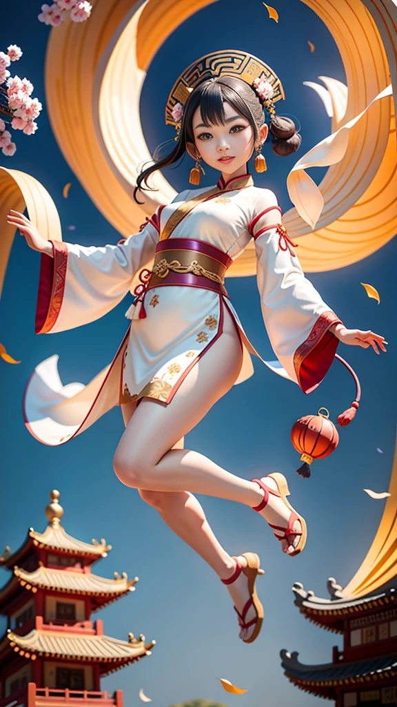 An ancient Chinese painting scroll,In the picture,The girl Chang'e in gorgeous Hanfu,Charming,Curved eyebrows,slender eyes,Flying to the sky in Dunhuang style,Lightweight,The clothes are fluttering,like a dance in the air。She moves vigorously and gracefully,Complementing the ancient murals,During parkour,She makes some difficult moves from time to time,like rolling、jump、Taxi etc.,Elegant and agile posture,Combined with traditional Chinese cultural elements,Demonstrates the wisdom and strength of the Chinese nation,The whole picture is rich in color,with magnificence、Antique as the main tone。The bright colors of the murals in the Blue Rock Grottoes,Express youth and vitality;The girl Chang'e's Hanfu is made of traditional Chinese red.、Bright yellow and other bright colors,Strong contrast with the background,Make the picture more vivid。The spectacular Dunhuang Grottoes in the background,Colors are warm,Showing the thickness and traces of time。In the picture心,A winding grotto corridor leads into the distance,The murals on both sides are lifelike,It's like telling an old story。There are also elements of traditional Chinese culture in the picture,Chinese dragon,Dragon culture,kite、paper lanterns、Chinese knot,national current,anime illustration,Featuring a playful character design style,Ultra high definition animation CG,3D rendering,Beautiful two-dimensional,Spring Festival poster,ultra HD16k