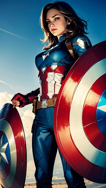 (best quality), (high detail), (perfect body), (marvel comics), (captain America shield), (1girl), beautiful captain America from marvel comics, (marvel), (superhero), HDR, 4k, 3D