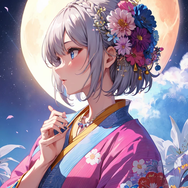 giant moon, 1 girl, alone, short hair, hair decoration, jewelry, kimono, upper body, flower, gray hair, hair flower, necklace, profile, pink flower, blue flower, abstract, vivid is flower, dancing flower, realistic flower