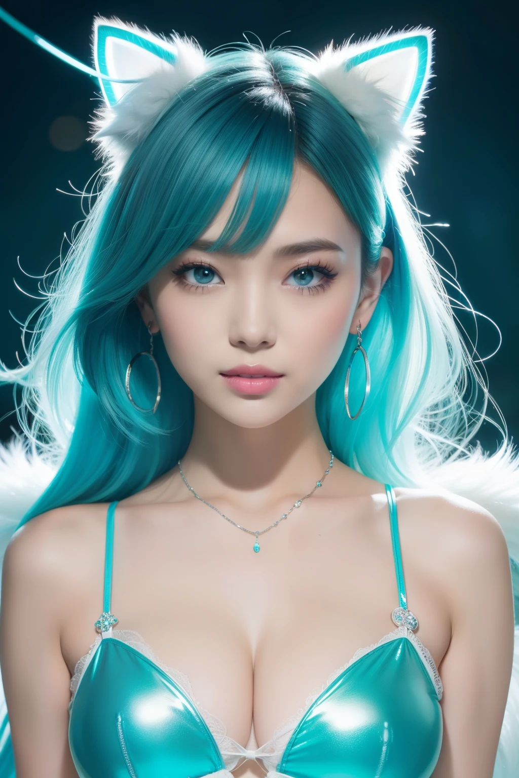female idol、nude lip gloss、smiling face、cat-eye makeup、(((face closeup)))、shiny very large earrings(neon cyan)、shiny very large necklace(neon cyan)、(shiny glossy latex brazilian string bra(neon cyan))、(shiny glossy latex brazilian string tanga(neon cyan))、clutch(neon cyan)、((colorful short hair(neon cyan)))、long white fluffy fur coat with white fluffy fur(bright white)、conceptual art, High quality, Realistic, extremely detailed CG unified 8k wallpaper, highly detailed, High-definition raw color photos, professional photography, Cinematic Light, Beautiful detailed, Super Detail, high detail, (((Bokeh))), depth of fields, illumination, Neon Street, Super stylish lighting